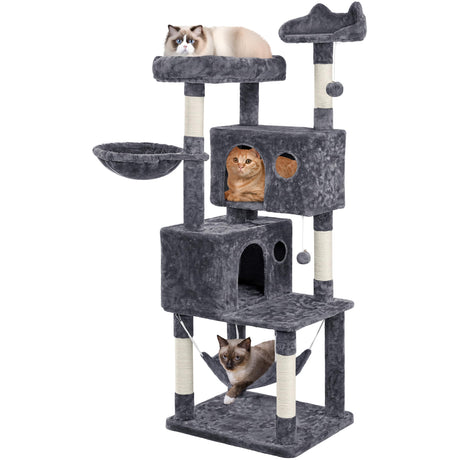 Yaheetech 64.5in Extra Large Multi-Level Cat Tree Kittens Play House Condo with Platform, Perch Hammock & Scratching Posts, Dark Gray Yaheetech