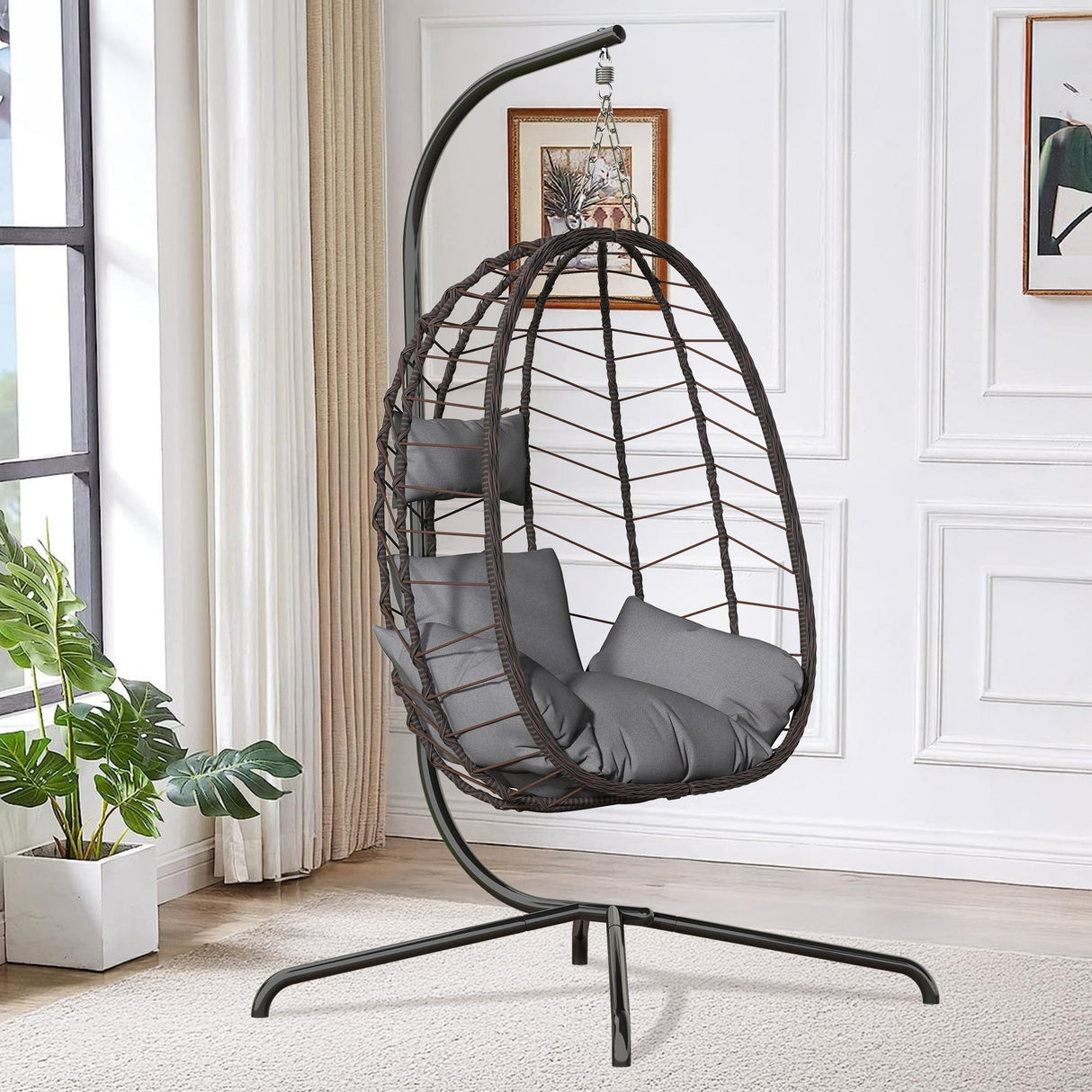Hanging Egg Chair with Stand, Swinging Egg Chair Outdoor Indoor, Hanging Basket Chair with Cushion, Patio Wicker Hammock Chair 350lbs Capacity for Bedroom, Porch, Balcony, Backyard, Garden (Grey) LEX CRAFT