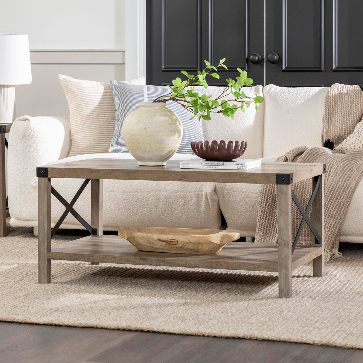 Walker Edison Sedalia Modern Farmhouse Metal X Coffee Table, 40 Inch, Grey Wash Walker Edison