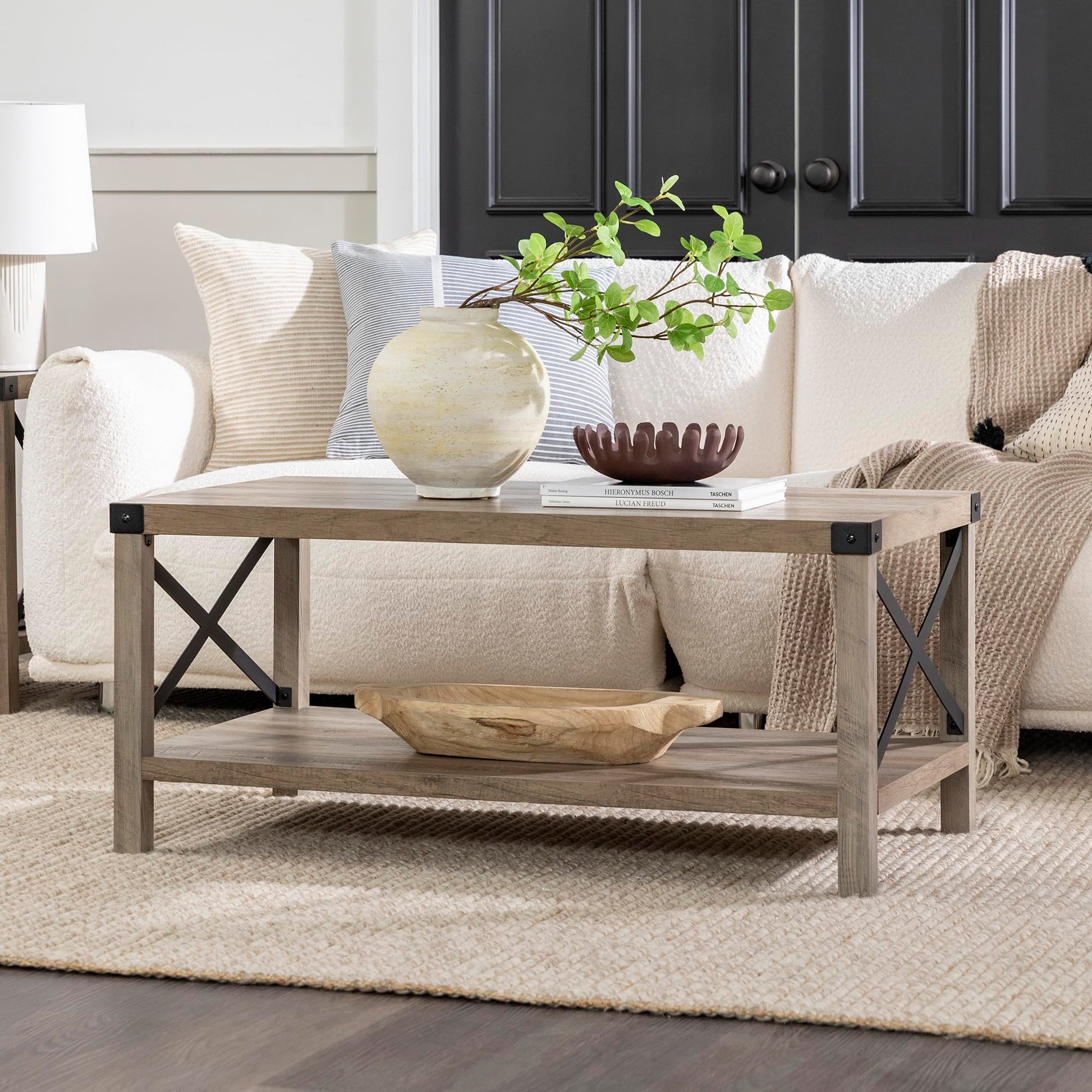 Walker Edison Sedalia Modern Farmhouse Metal X Coffee Table, 40 Inch, Grey Wash - WoodArtSupply