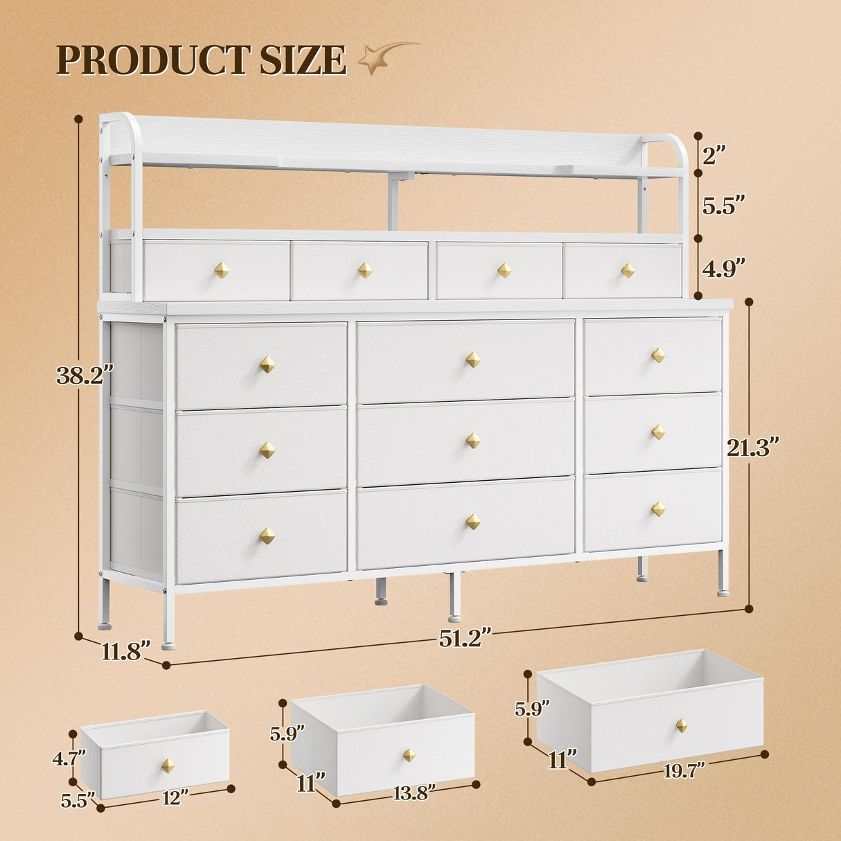 EnHomee 51.2" W White Dresser with 13 Drawers and LED Lights, White Dresser for Bedroom with Fabric Drawer, Long Dressers & Chests of Drawers, Dresser for Bedroom with Shelves for Closet EnHomee