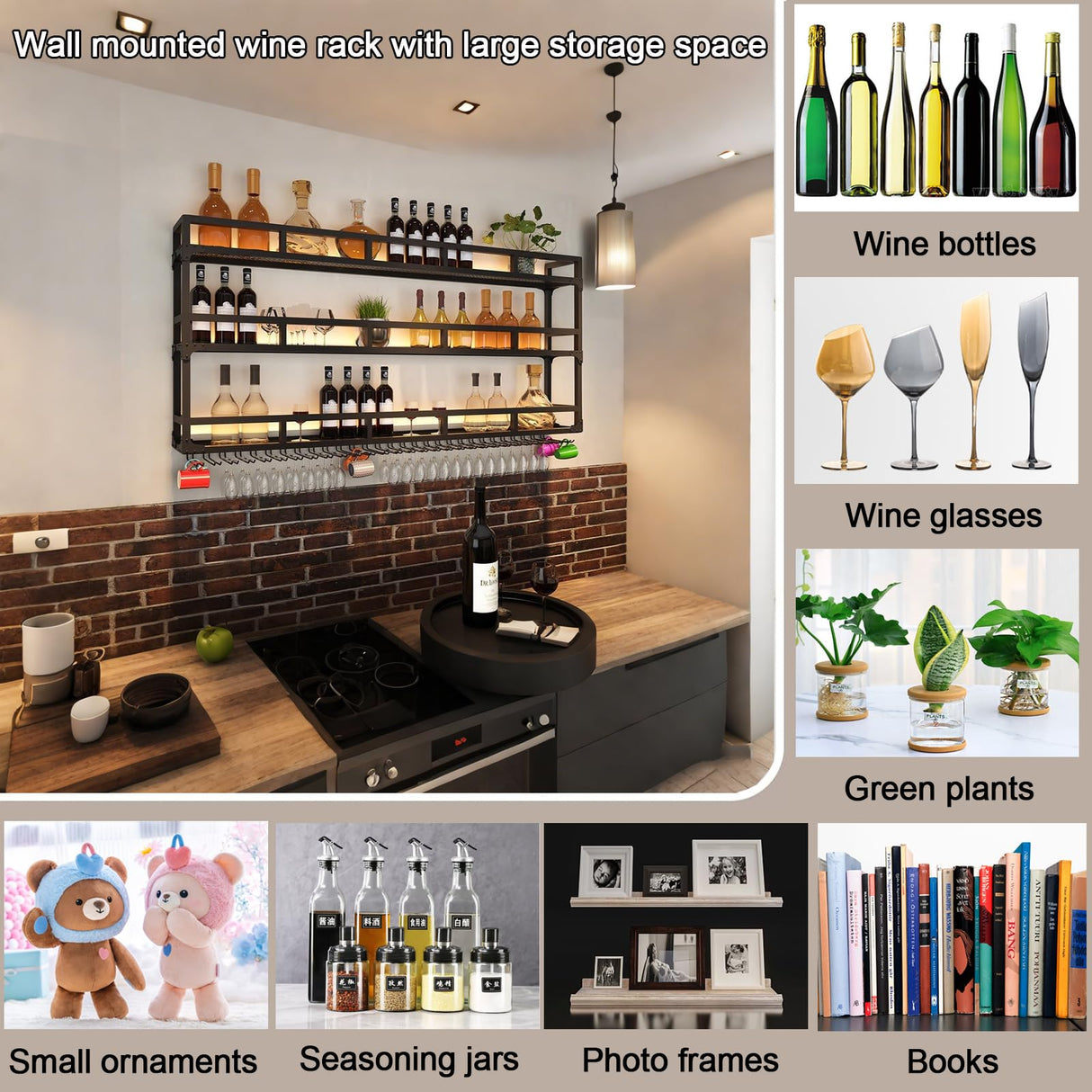 Modern Wine Rack Wall Mounted With Glass Holder,3-Tier Bar Liquor Shelf,Black,Metal Large Capacity Hanging Wine Storage Racks,Iron Floating Bar Shelves For Liquor Bottles,For Kitchen Dining Room AKOGG