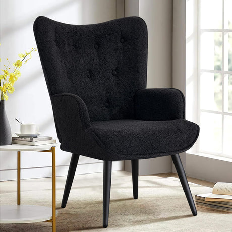Furniliving Boucle Accent Chair for Living Room, Upholstered Reading Chair with High Backrest, Tufted-Button Wingback Armchair for Bedroom, Dressing Room, Home Office, Black Furniliving
