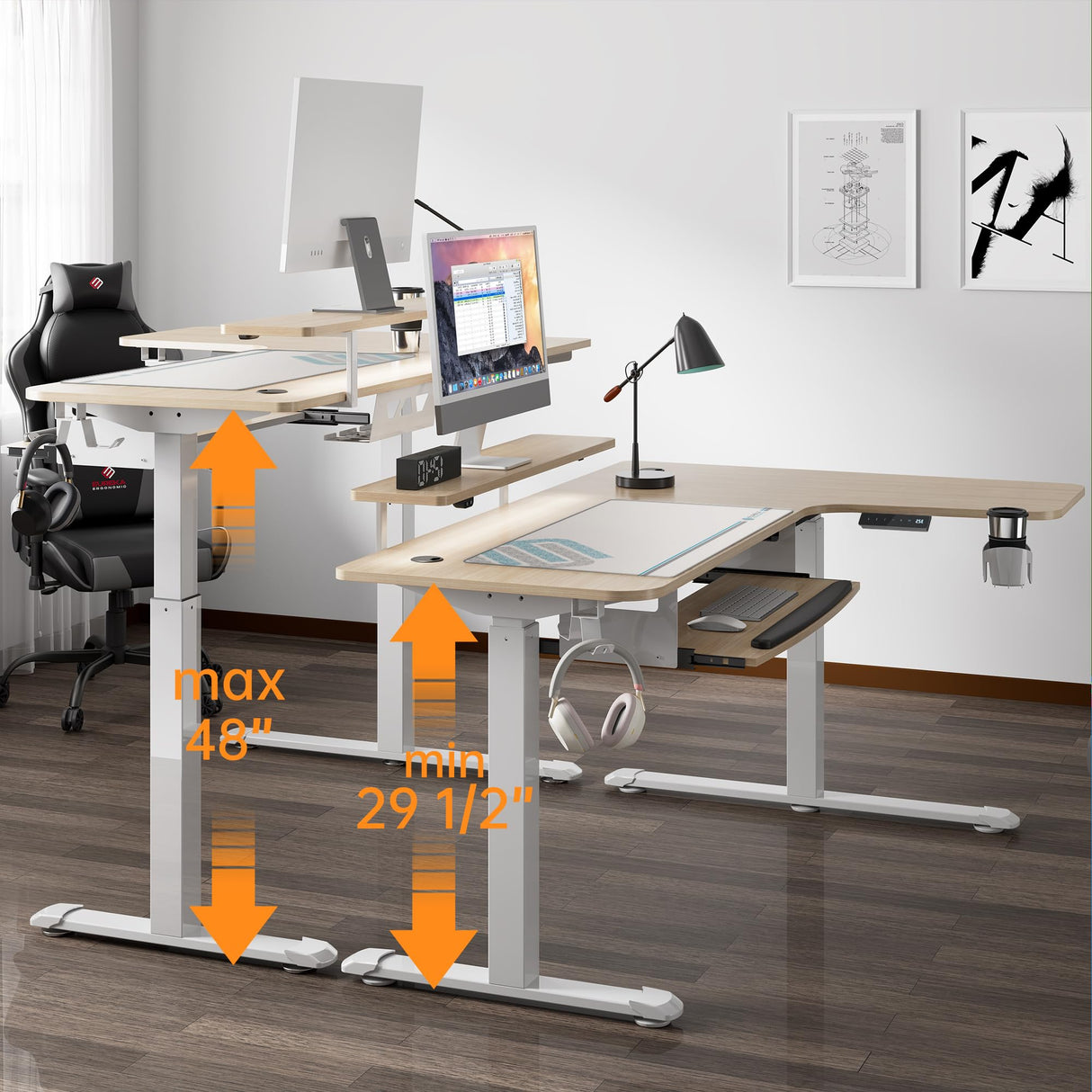 EUREKA ERGONOMIC Standing Desk Adjustable Height 61" Electric Sit Stand Computer Desk L Shaped with Keyboard Tray,Monitor Stand &LED, Dual Motor Memory Presets Sit to Desk Adjustable Desk, Right/Maple EUREKA ERGONOMIC