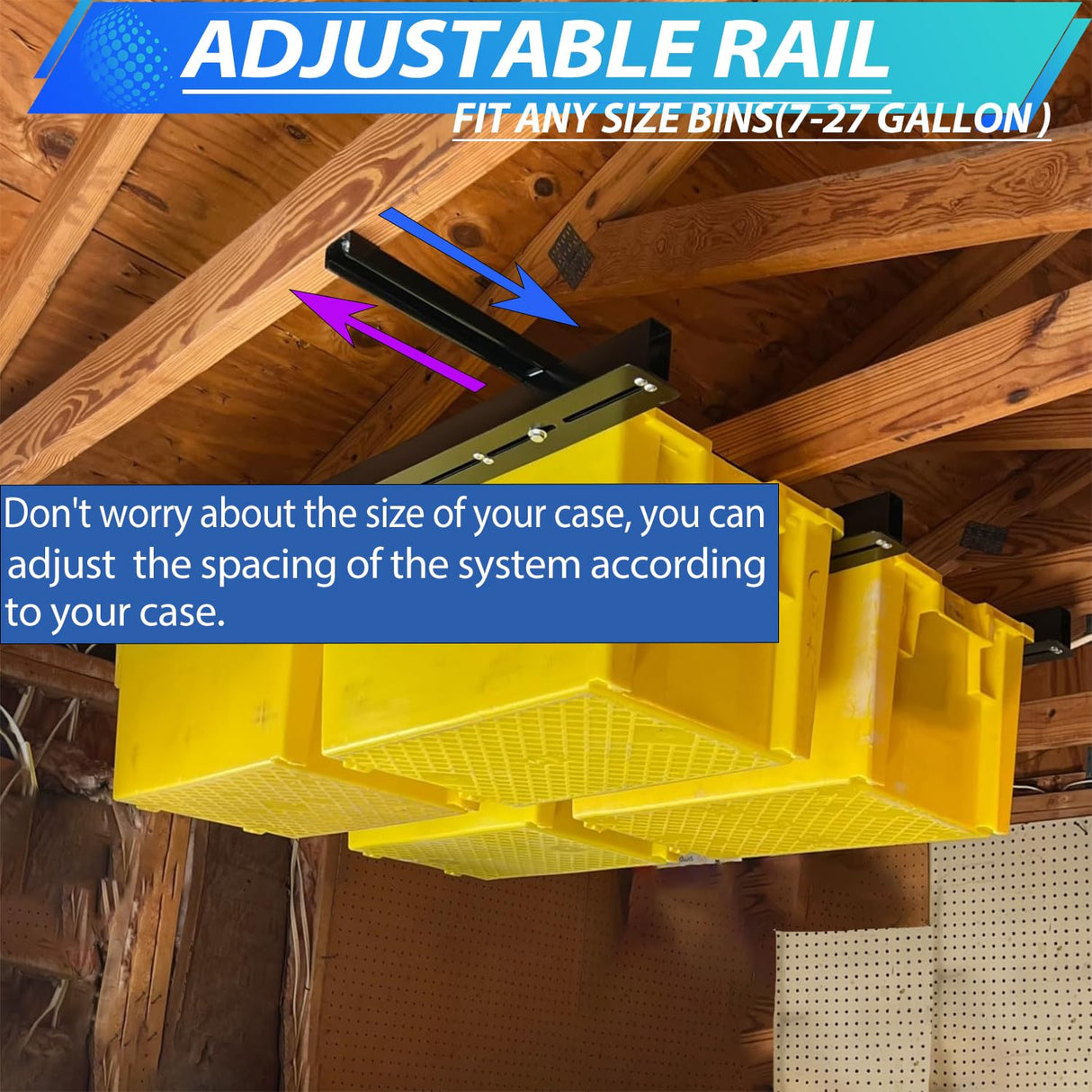 LMYYGOO Overhead Garage Storage Racks, Adjustable Ceiling Tote Storage Rails, Heavy Duty Garage Organizer Hanging Storage Rack for Most Storage Bins/Totes, 48" x 48" LMYYGOO