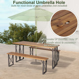 Tangkula 3 Piece Picnic Table Bench Set, Outdoor Acacia Wood Picnic Table with 2 Benches, 2-Inch Umbrella Hole, Heavy-Duty Metal Frame, Space-Saving Outside Table and Bench Set for Backyard, Patio Tangkula
