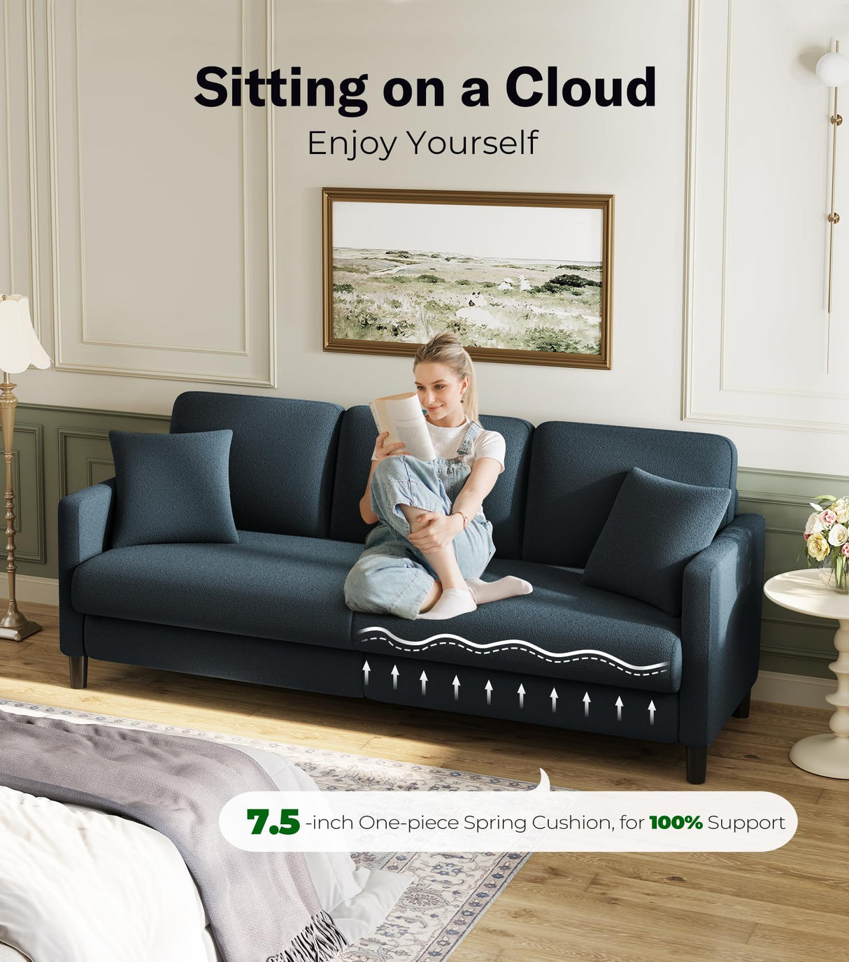 Welzona 83" Sofa Couch, Comfy Couches for Living Room, Teddy Fleece Sofas for Living Room, Tool-Free Setup Loveseat Sofa, All-Wood Love Seat Couches, Small Couch 2 Pillow Included, Blue Grey Welzona