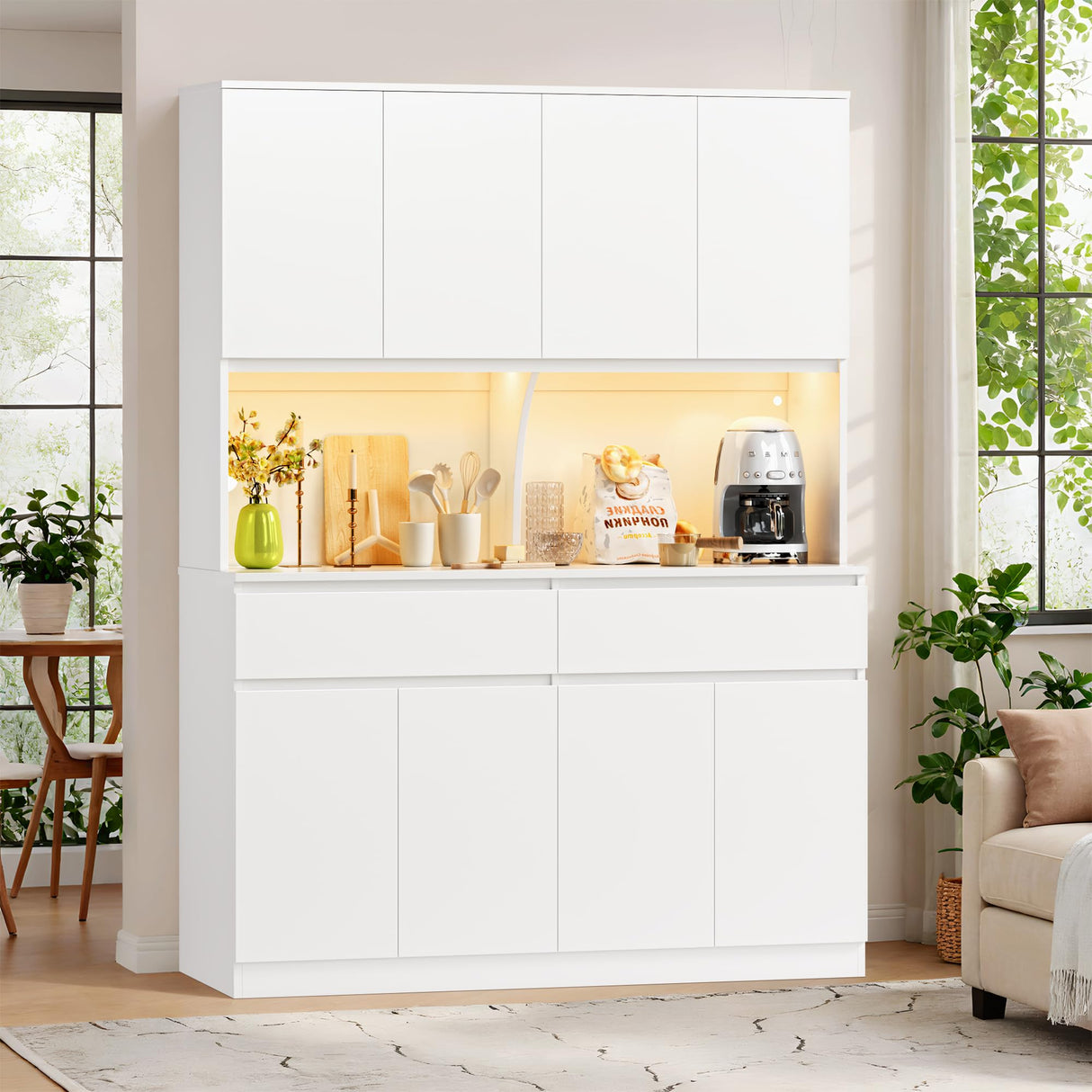 Large Hutch 75"H x 55"W Tall Kitchen Pantry with Doors and Drawers, LED Light Countertop Coffee Bar Buffet Adjustable Shelves in Storage Cabinet, Modern Freestanding Food Pantry Cupboard, White Keyluv