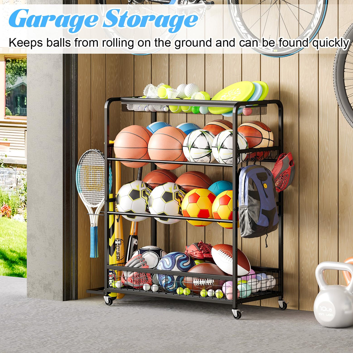 Jsskeeim Garage Sports Equipment Storage Rack,Wheeled Sports Ball Storage Bin,Garage Sports Equipment Organizer,Ball Organizer Toy Organizer with Baseball Bat Holder and Hooks-Black Jsskeeim