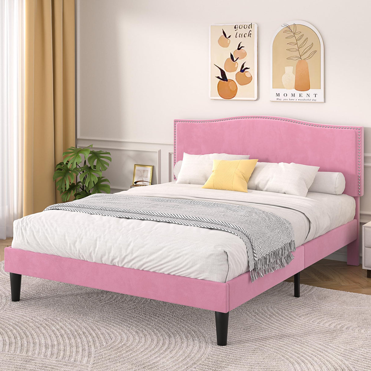 VECELO Queen Bed Frame Platform Bed Frame with Upholstered Headboard, Strong Frame and Heavy-Duty Slats Support, Non-Slip and Noise-Free, Easy Assembly,Pink VECELO