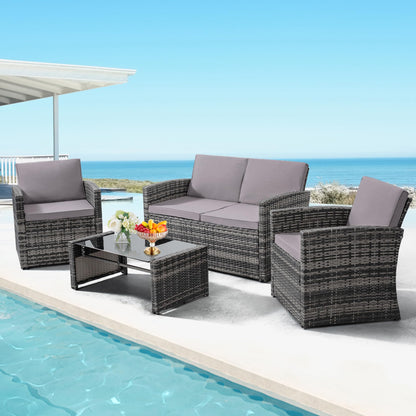 KROFEM 4 Pieces Patio Conversation Set, Outside Rattan Sectional Sofa, Cushioned Furniture Set, Wicker Sofa Ideal for Garden, Porch, Backyard, Grey Color Rattan and Light Grey Cushion - WoodArtSupply