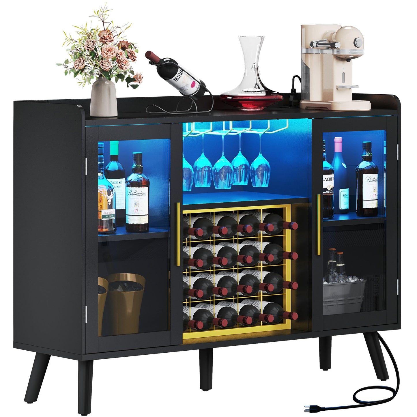 DWVO Wine Bar Cabinet with Led Lights & Power Outlets, 53" Coffee Bar Cabinet for Liquor and Glasses, Modern Buffet Sideboard with Storage Cabinet for Kitchen, Dining & Living Room, Black - WoodArtSupply