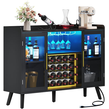DWVO Wine Bar Cabinet with Led Lights & Power Outlets, 53" Coffee Bar Cabinet for Liquor and Glasses, Modern Buffet Sideboard with Storage Cabinet for Kitchen, Dining & Living Room, Black DWVO