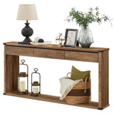 VASAGLE Sofa Console Table, 63 Inches Narrow Entryway Table with 3 Drawers, Bottom Shelf, Metal Corners, for Living Room, Bedroom, Farmhouse Style, Honey Brown ULNT146KB01S VASAGLE