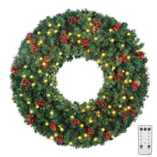 NEEDOMO Large Christmas Wreath 220 Color, 48" Pre-lit Plug-in Wreaths with Berries and Cones,4 FT Xmas Wreath Outdoor, Christmas Decorations with 9 Modes Lights Remote Adapter for Door Indoor