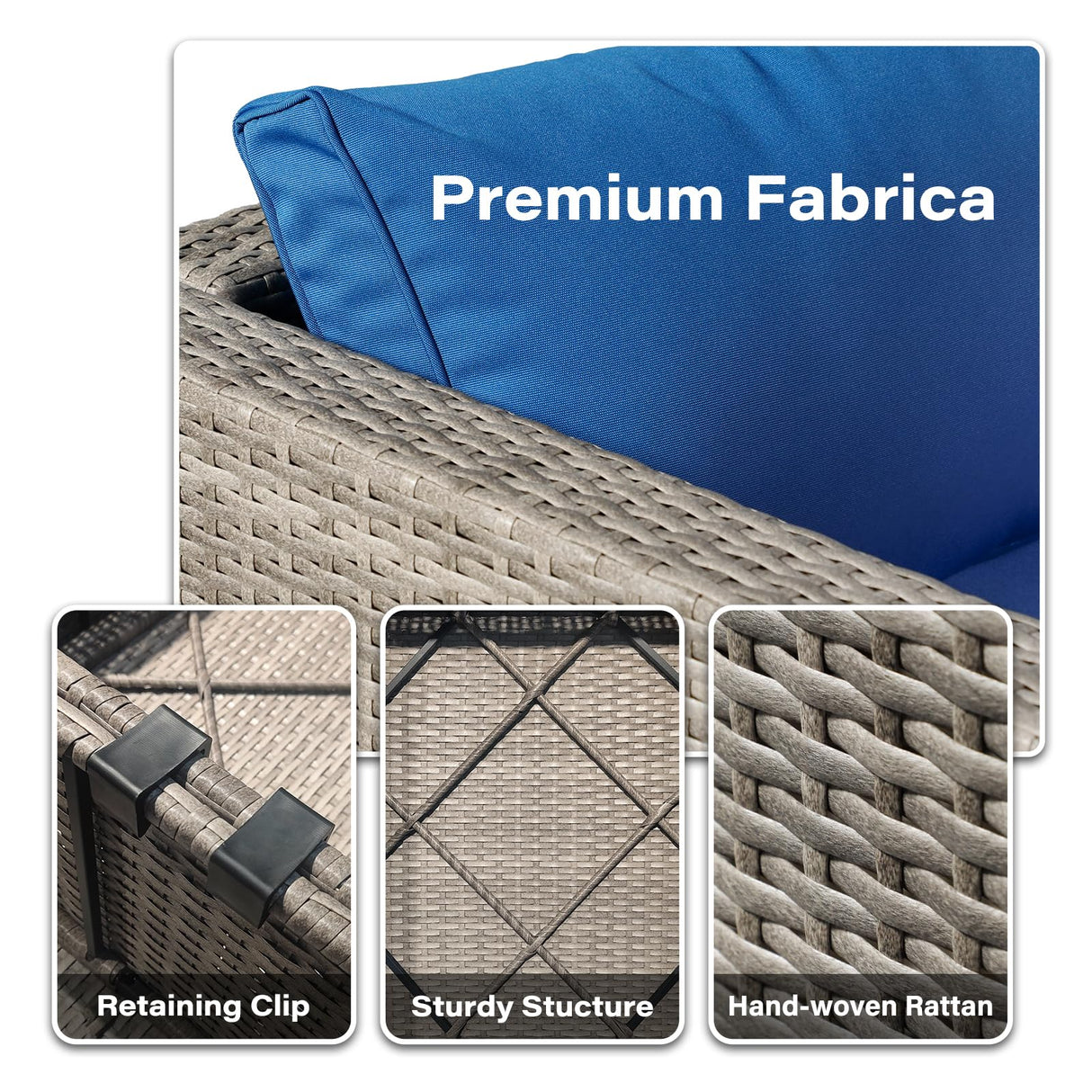 RESOM 7-Piece Gray Rattan Patio Furniture Sets, Outdoor Conversation Sofa Sets with Water Resistant Blue Cushions & Tempered Glass Coffee Table, Modular Outdoor Sectional Sofa Sets with 2 Pillows RESOM