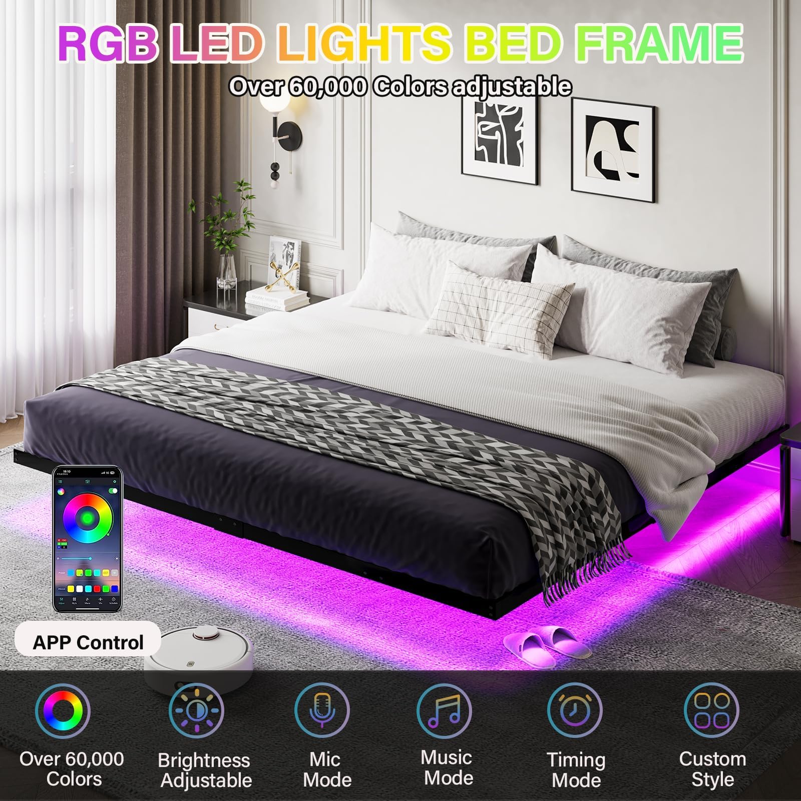 HOMBCK King Size Floating Bed Frame with LED Lights and Heavy Duty Steel Construction - WoodArtSupply