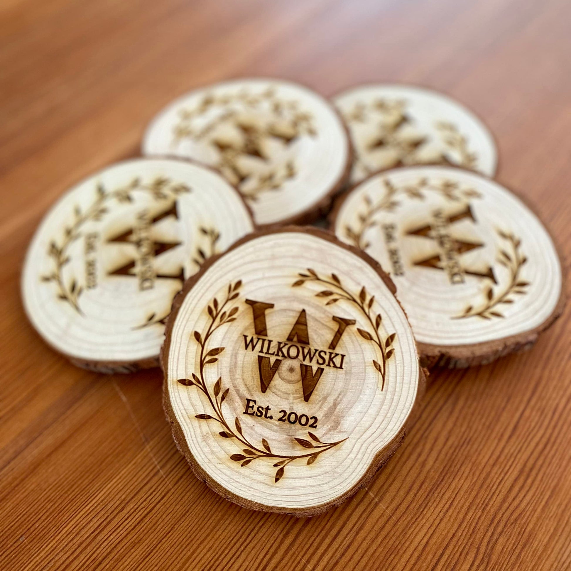 Monogrammed Name Engraved Wood Coaster Set - Set of 4 - Perfect Valentine's Day, Wedding, Engagement, Anniversary, or Christmas Present - WoodArtSupply