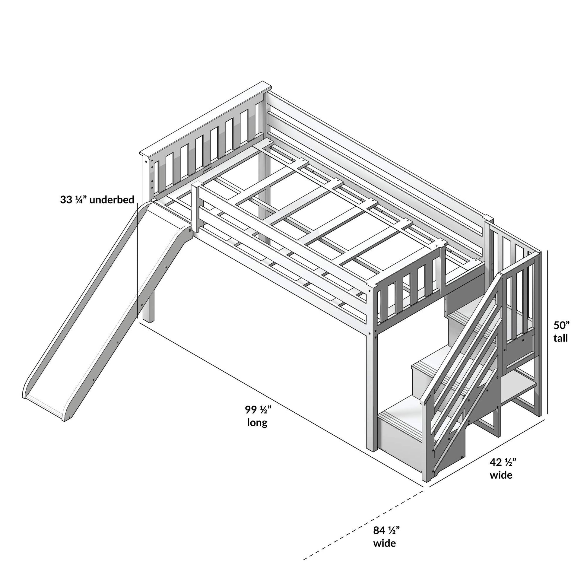 Max & Lily Twin Low Loft Bed with Stairs and Slide in Grey/Blue with Fun Curtains - WoodArtSupply