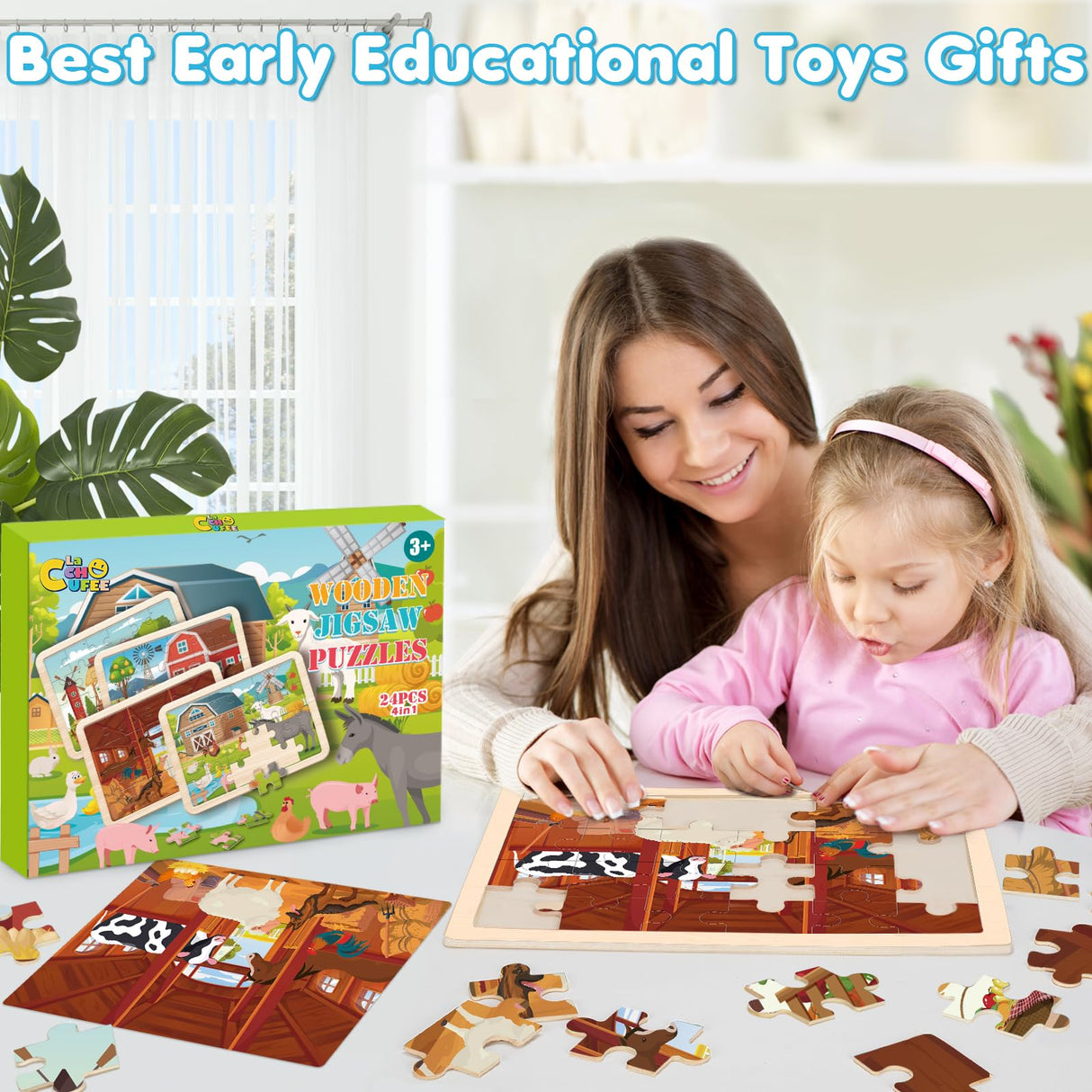 Wooden Farm Puzzles for Kids Age 3 4 5 Year Old, 4 Pack 24 Pcs Montessori Toddler Jigsaw Puzzles for Girl boy Activities Preschool Learning Educational Birthday Gift LACCHOUFEE