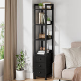 KLUVIS Black Narrow Bookshelf with 3 Drawers - 4 Tier Thin Book Shelf for Small Spaces Skinny Shelves Slim Farmhouse Fabric Drawer 60 inch Tall (04B) KLUVIS