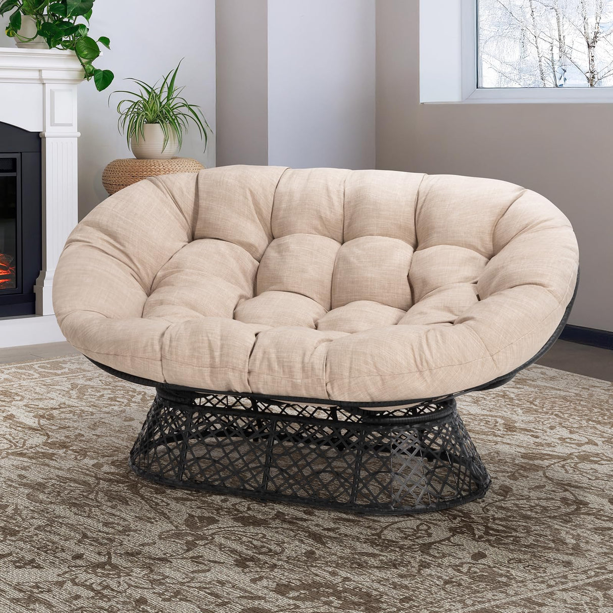 Bme 61" Double Papasan Chair with 600lbs Capacity, Ergonomic Design, Soft Thick Fabric Cushion, High Capacity Steel Frame for Any Room, Beige - Black Frame Bme