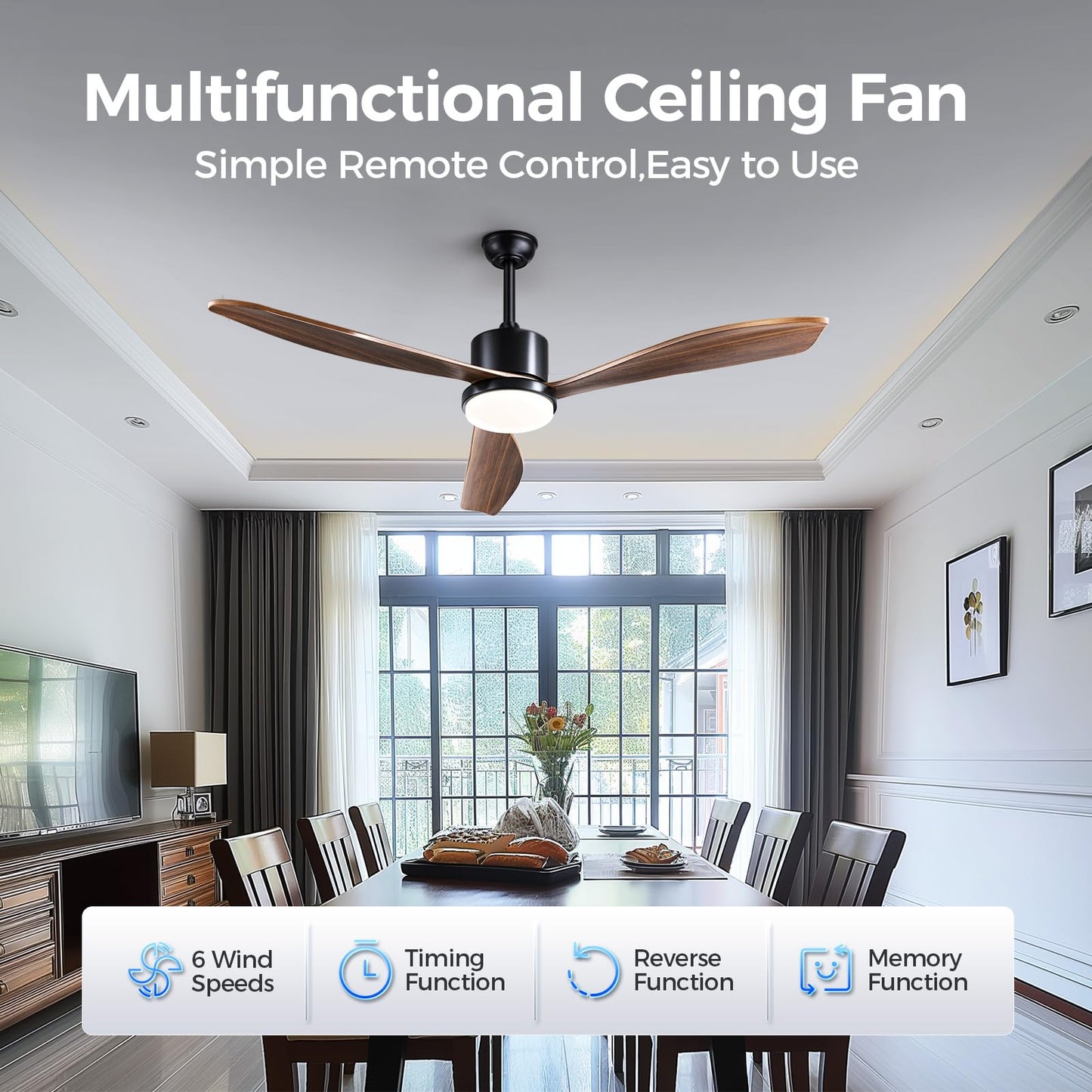 Wood Ceiling Fans with Lights: 52 Inch Outdoor Ceiling Fan with and Lights Remote Noiseless DC Motor 6 Speeds Timing 3 Downrods Reversible Modern Ceiling Fan for Outdoor Patio Indoor Bedroom-Walnut