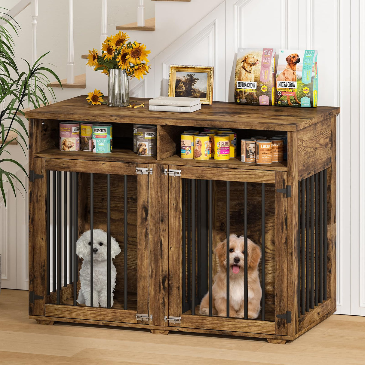 Dog Crate Furniture for 2 Dogs, 41 inch Dog Kennel Furniture with Removable Divider and Shelf Storage, Wooden Indoor Dog Crate for Large/Medium/Small Dogs, Rustic Brown, Farmhouse REVOMINCA