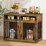 Dog Crate Furniture for 2 Dogs, 41 inch Dog Kennel Furniture with Removable Divider and Shelf Storage, Wooden Indoor Dog Crate for Large/Medium/Small Dogs, Rustic Brown, Farmhouse REVOMINCA