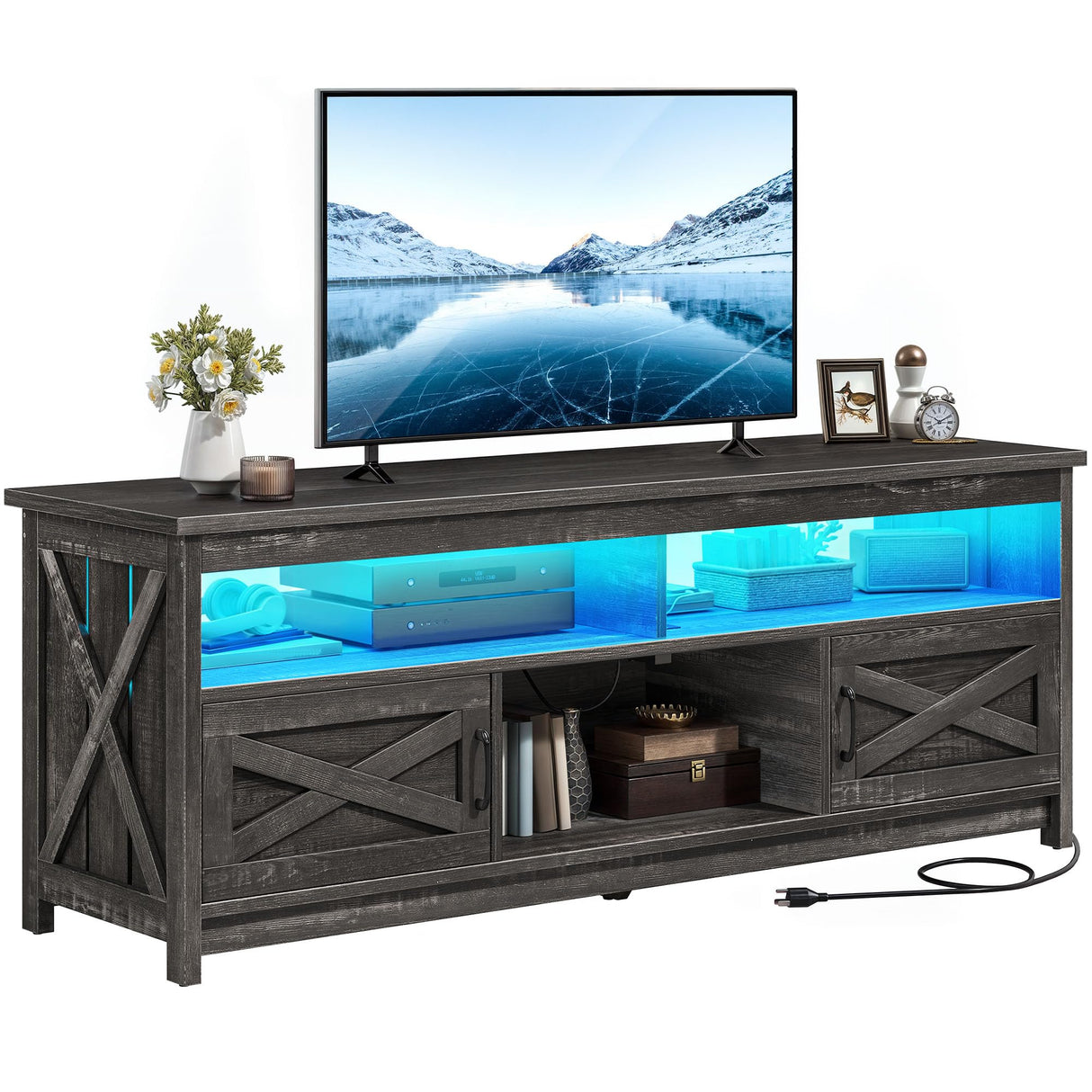 YITAHOME Farmhouse TV Stand for 65/55 Inch Television, LED Entertainment Center Television Stand with Power Outlets and Open Shelf, Media Console TV Cabinet for Living Room, Dark Grey YITAHOME
