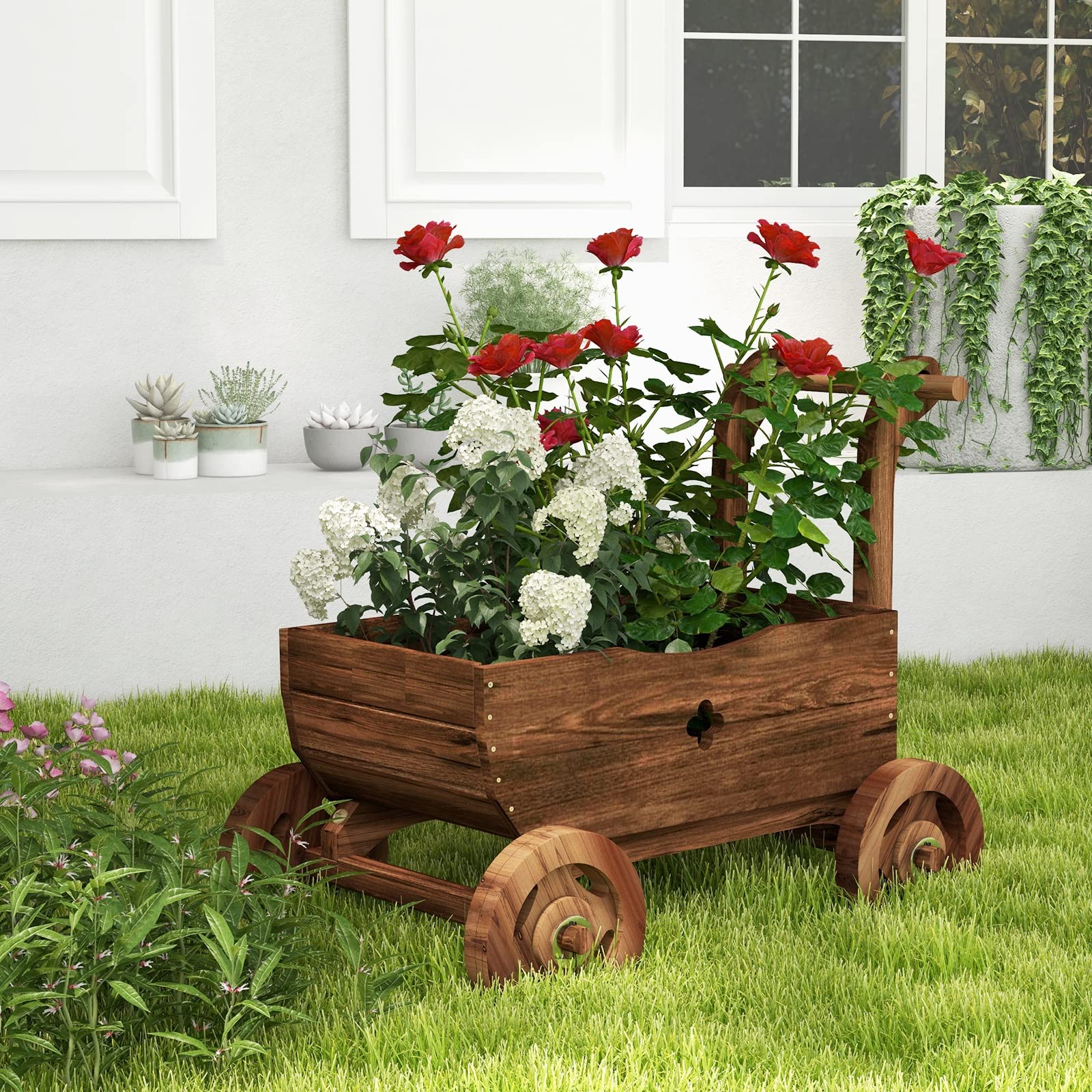 S AFSTAR Wooden Wagon Planter Box, Mobile Garden Planter with 4 Wheels, Handle, Drain Hole, Decorative Flower Planter for Indoor & Outdoor Decor, Wooden Flower Cart for Patio, Garden, Balcony - WoodArtSupply