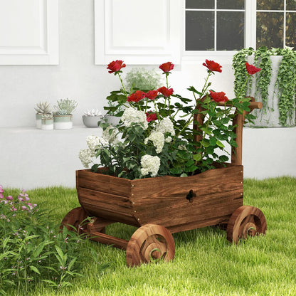 S AFSTAR Wooden Wagon Planter Box, Mobile Garden Planter with 4 Wheels, Handle, Drain Hole, Decorative Flower Planter for Indoor & Outdoor Decor, Wooden Flower Cart for Patio, Garden, Balcony - WoodArtSupply