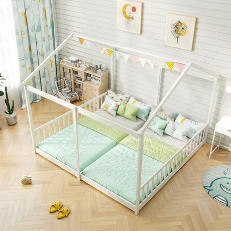KOMFOTT Double Twin Floor House Bed, House Platform Beds for 2 Kids, Double Montessori Floor Bed with Safety Guardrails, No Box Spring Needed, Wooden Slat Supported Twin Floor Bed (White) KOMFOTT