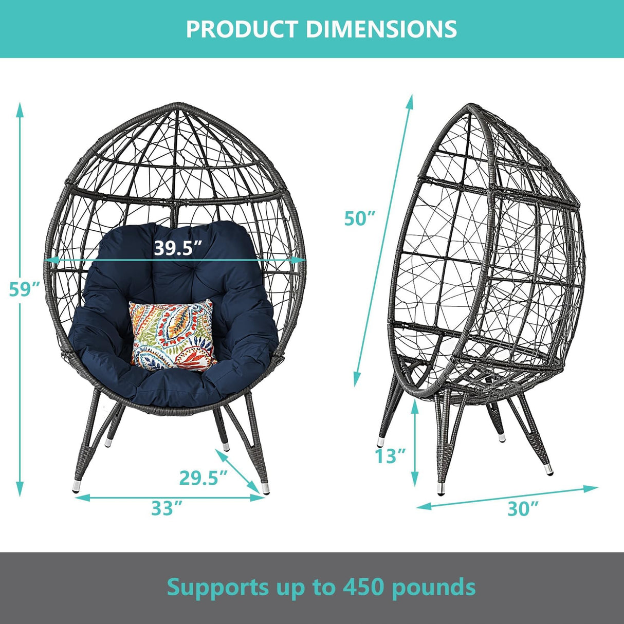 HLNPTN Patio Egg Chair Wicker Outdoor Egg Basket Chairs, Oversized Outdoor Furniture PE Rattan Patio Lounge Chair 440lb Capacity Sofa Seat with Stand & Gray Cushions for Indoor, Living Room, Backyard HLNPTN