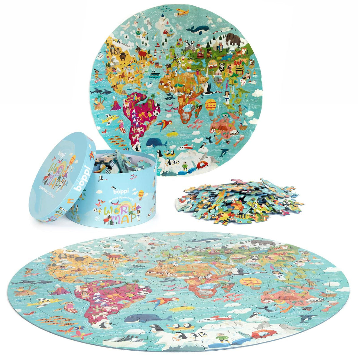 boppi World Map Round Jigsaw Puzzle with 100% Recycled Card 150 Pieces with Animals for Children 5 6 7 8 Years 58cm Diameter boppi
