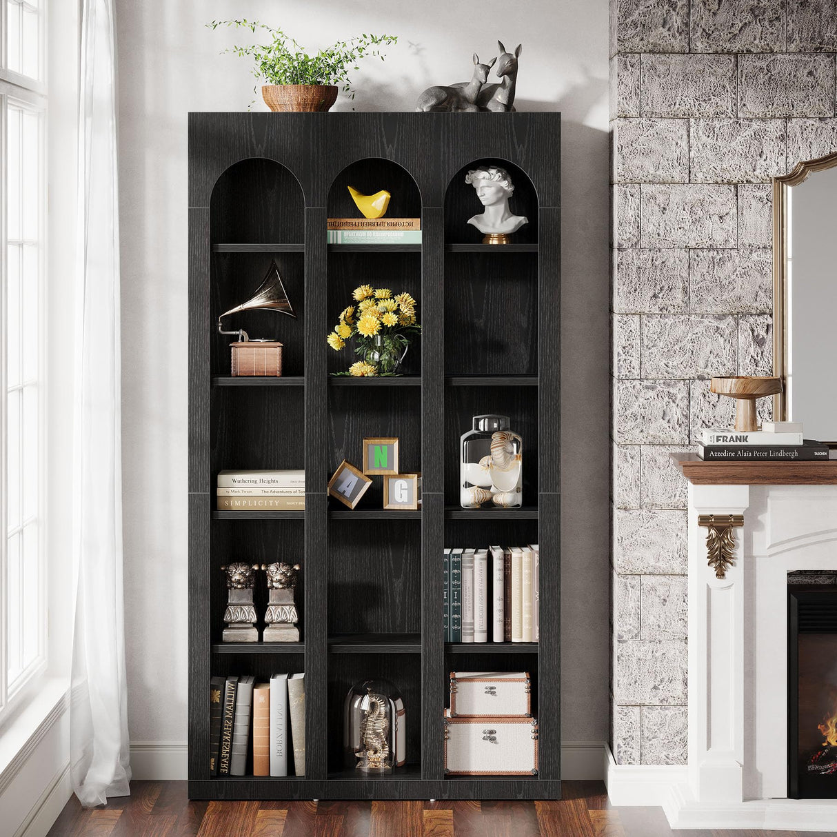 Tribesigns 5-Tier Farmhouse Arched Bookshelf, 70.87-Inch Mid Century Modern Bookcase with Open Shelves, Tall Wood Book Shelf Gothic Display Storage Shelving Unit for Home Office, Black Tribesigns