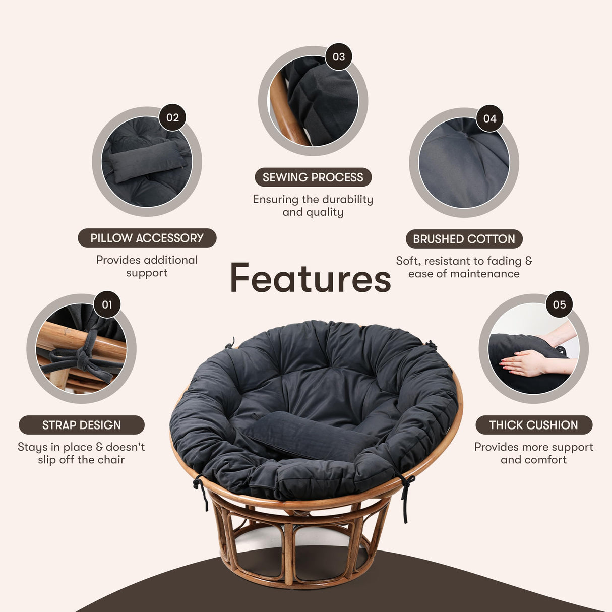 Disker Papasan Chair Cushion - 52 inch - Without Chair (Onyx Black) Disker