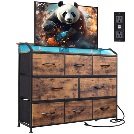 WLIVE Led Dresser for Bedroom, TV Stand for Bedroom with LED Lights and Power Outlet, Wide Chest of Drawers for Hallway, 8 Fabric Drawers for Living Room and Entryway, Rustic Brown WLIVE
