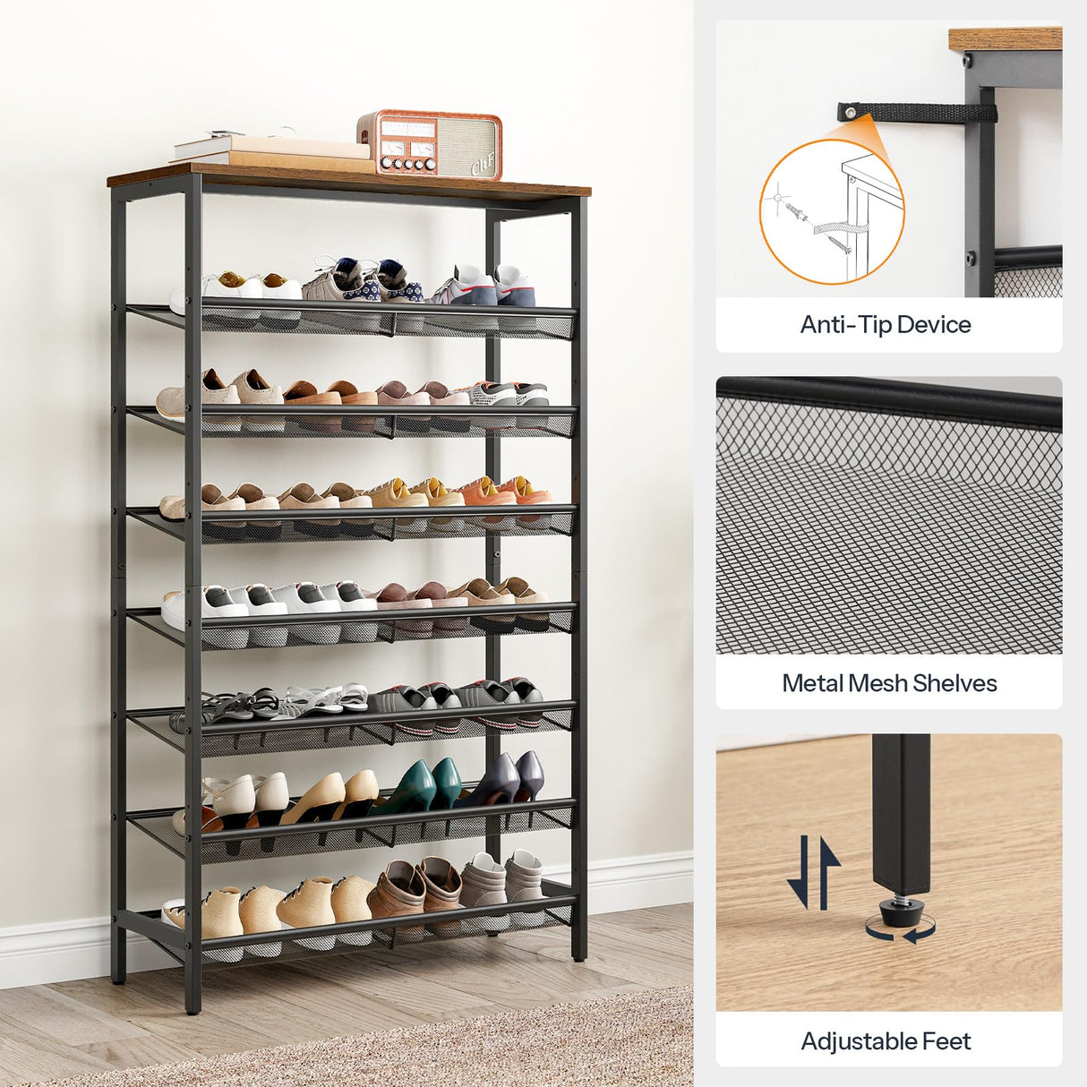 HOOBRO 8-Tier Shoe Rack, Large Capacity Shoe Shelf, Shoe Storage Organizer for 21-28 Pairs of Shoes, Front Door Entrance, Entryway, Hallway, Closet, Space Saver, Rustic Brown and Black BF18XJ01 HOOBRO