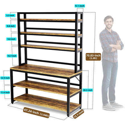 Aquzee Bakers Racks for Kitchens with Storage, 6 Tiers Large(47.2“W x 15.7”D x 70.8" H) Kitchen Stand with Hutch, Freestanding Organizer with Shelves,Rustic Brown