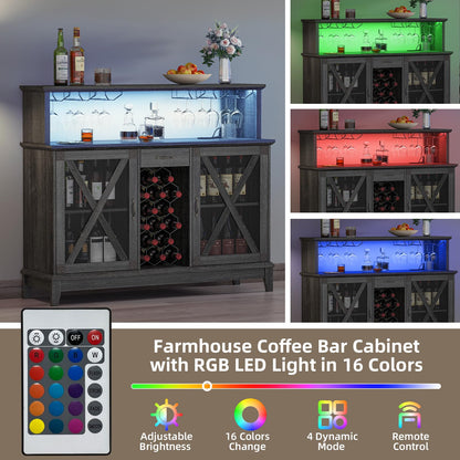 Wine Bar Cabinet,Farmhouse Liquor Cabinet with Storage&Drawer,Coffee Bar Cabinet with LED Lights,Buffet Cabinet with Wine Rack&Glass Holder,Industrial Sideboard Buffet,Bar Cabinets for Home,Grey