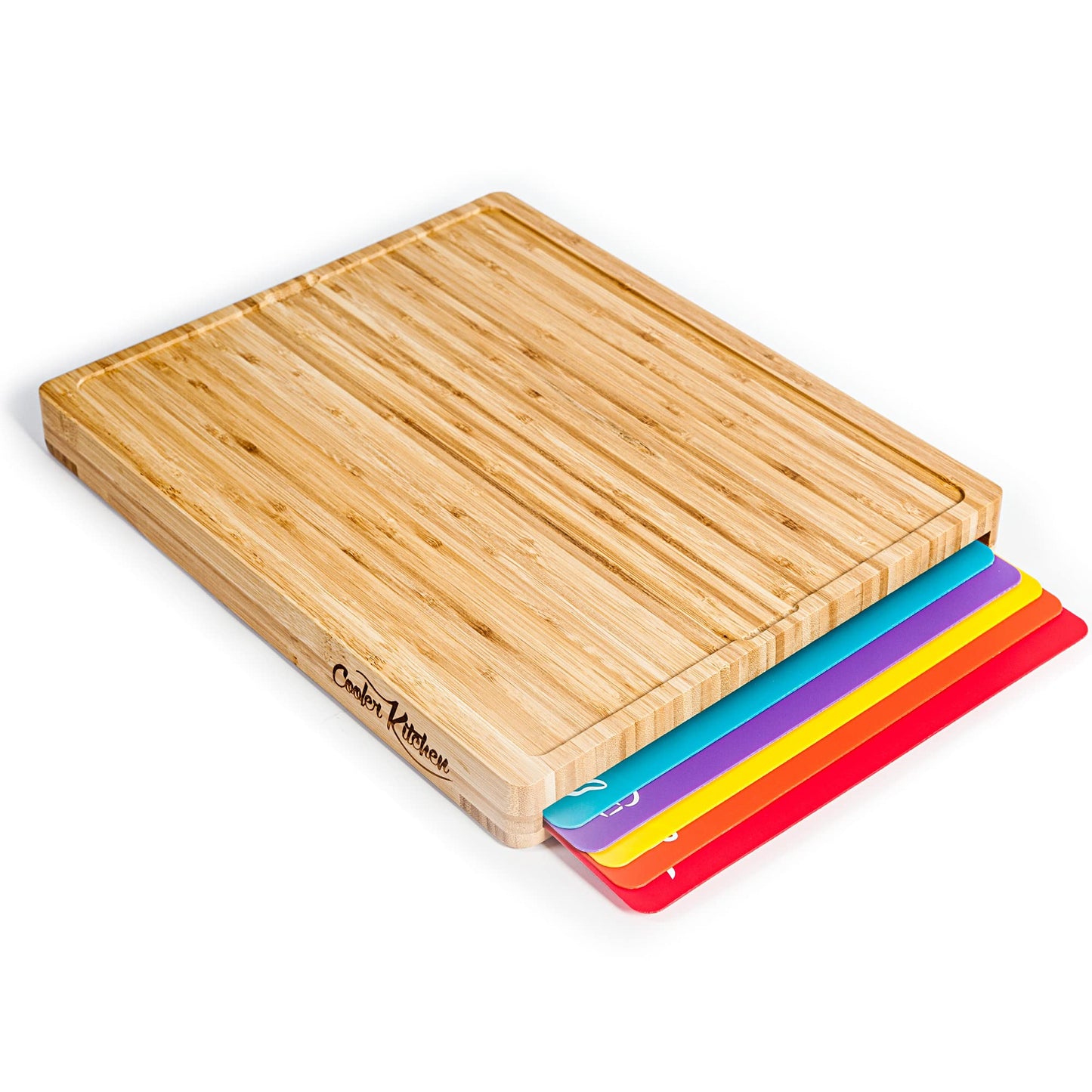 Bamboo Cutting Board Set - Easy-to-Clean Wood Cutting Board Set with 6 Color-Coded Flexible Plastic Cutting Boards with Food Icons - Wooden Cutting Boards For Kitchen - Wooden Chopping Board Set