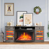 AMERLIFE 70" Curved Fireplace TV Stands with 36'' Electric Fireplace, Farmhouse LED Entertainment Center for TVs up to 80'' with Glass Door & Adjustable Shelves, Wash Gray AMERLIFE