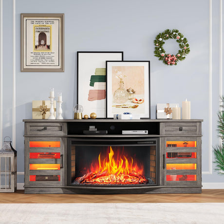 AMERLIFE 70" Curved Fireplace TV Stands with 36'' Electric Fireplace, Farmhouse LED Entertainment Center for TVs up to 80'' with Glass Door & Adjustable Shelves, Wash Gray AMERLIFE