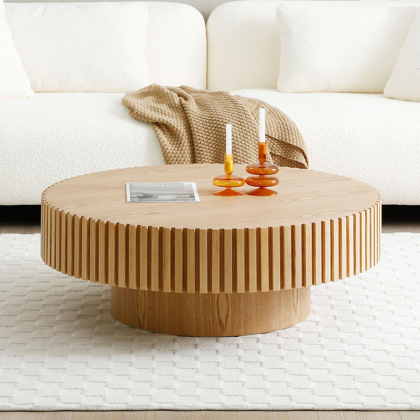 kevinplus 31.49'' Oak Round Coffee Table Modern Wood Coffee Table for Living Room, Contemporary Circle Fluted Drum Coffee Table, Easy Assembly, Oak (ø31.49'' x 13.77'') - WoodArtSupply