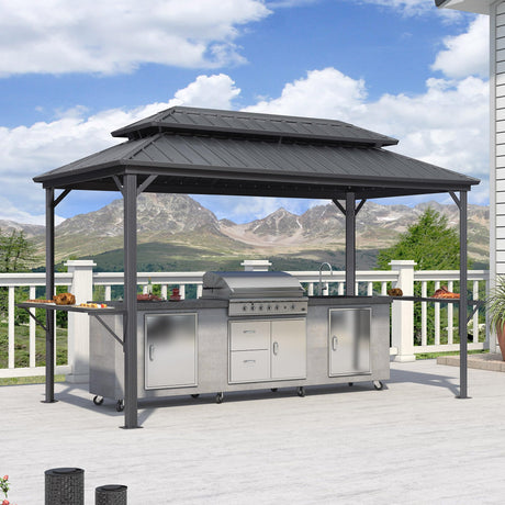 PURPLE LEAF 6.5' X 12' Hardtop Grill Gazebo for Patio Permanent Aluminum Barbeque Shelter Gazebo Canopy with Ceiling Hook and Shelves Double Tiered Grey Outdoor BBQ Gazebo PURPLE LEAF