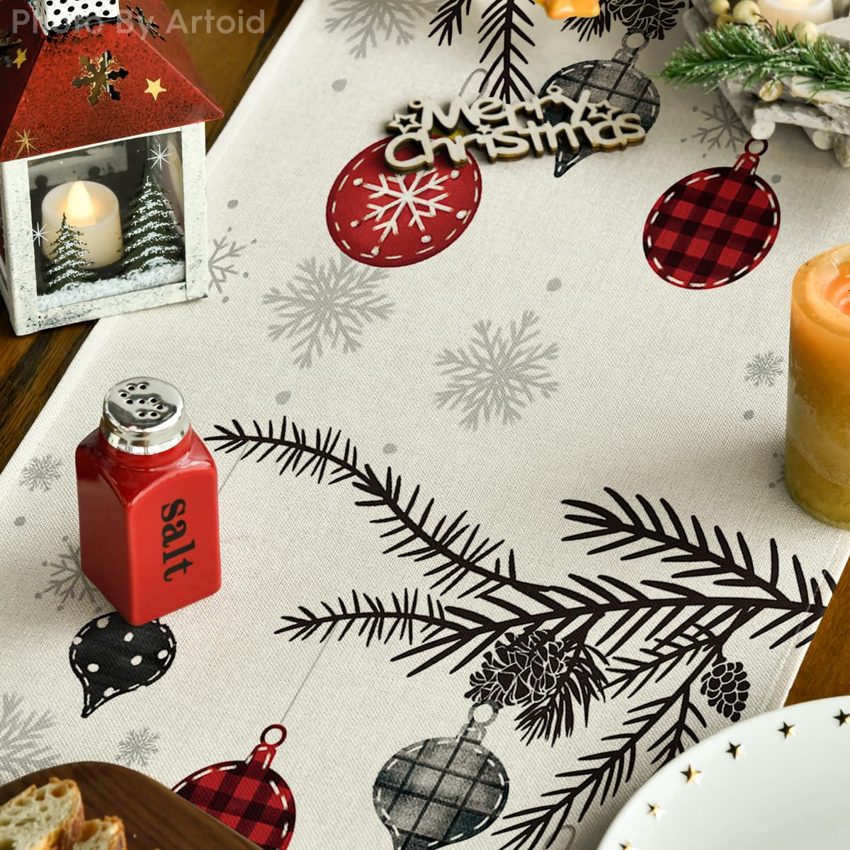 Artoid Mode Red Pine Trees Merry Christmas Table Runner, Winter Xmas Holiday Kitchen Dining Table Decoration for Home Party Decor 13x72 Inch Artoid Mode