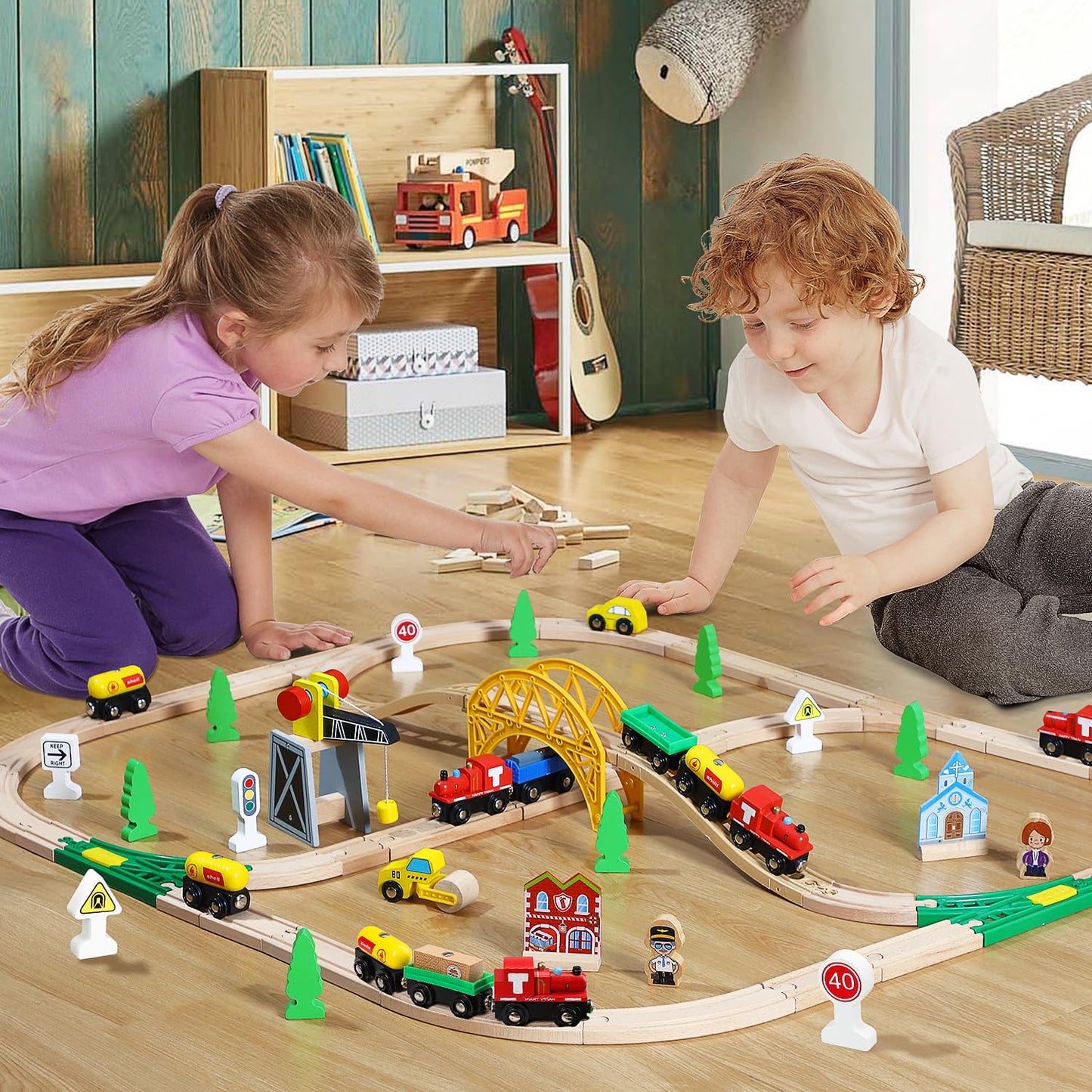 TOY Life Wooden Train Set with Crane Wood Train Tracks 60pcs Toddler Boy Toys for 3 Year Old Boys - Fits Thomas Brio Melisa Chugginton Train Track