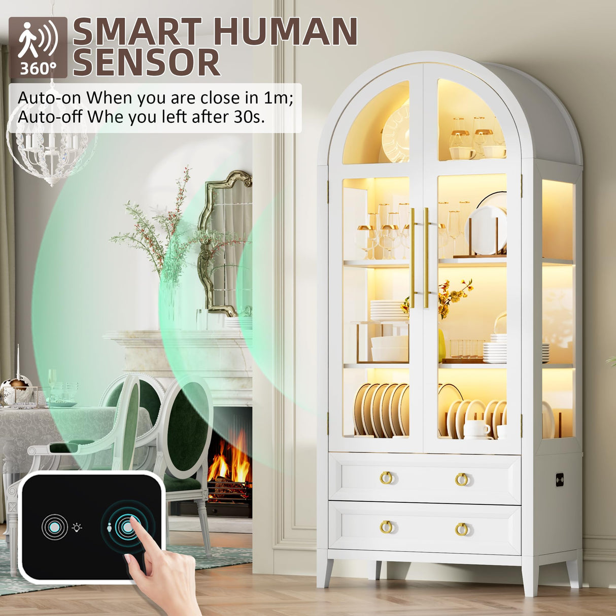 Vlsrka 71 Inch Arched Curio Cabinet, 4-Tier Display Cabinet and 2 Drawers, Tall Bookcase with 3 Color Lights, Display Case with Glass Doors, Kitchen Pantry, White Vlsrka