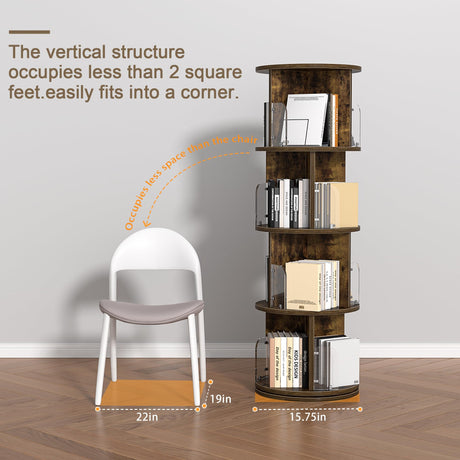 VECELO 4 Tier Revolving Bookshelf Tower, 360° Display Floor Standing Storage Rack with Acrylic Visible Window Partition for Bedroom, Living Room Home and Office, Brown VECELO